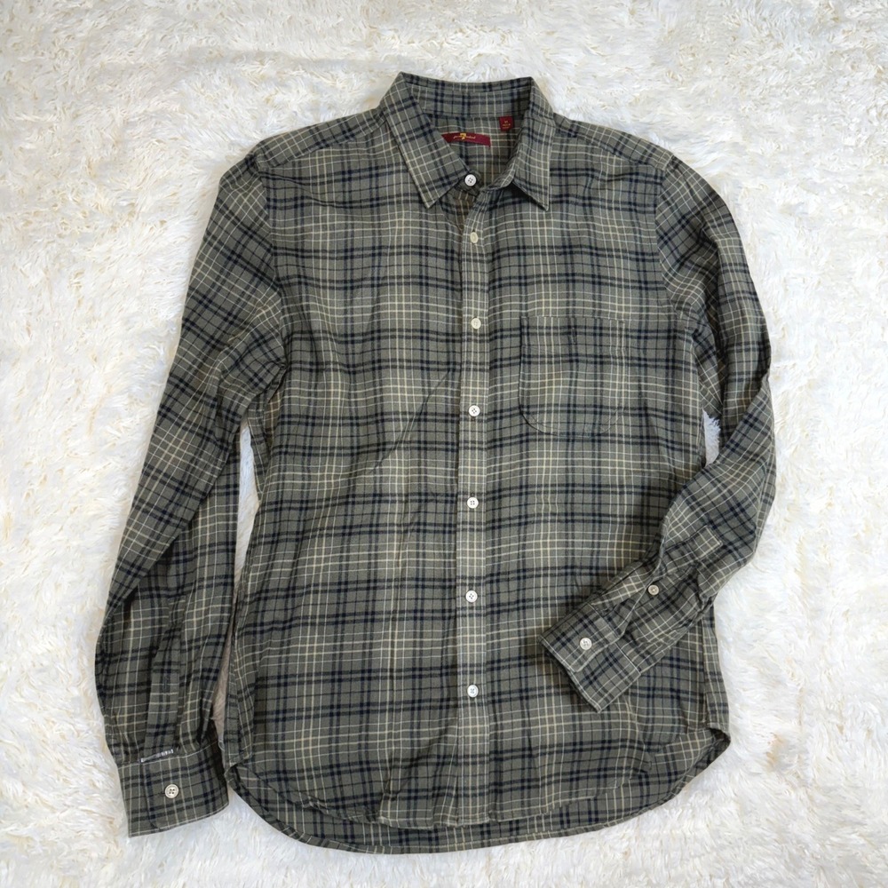 7 For All‎ Mankind Button Down Mens Medium Olive Green Plaid Gorpcore Preppy